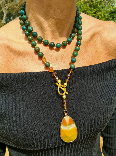 Long necklace of green jasper and yellow agate with Czech crystal