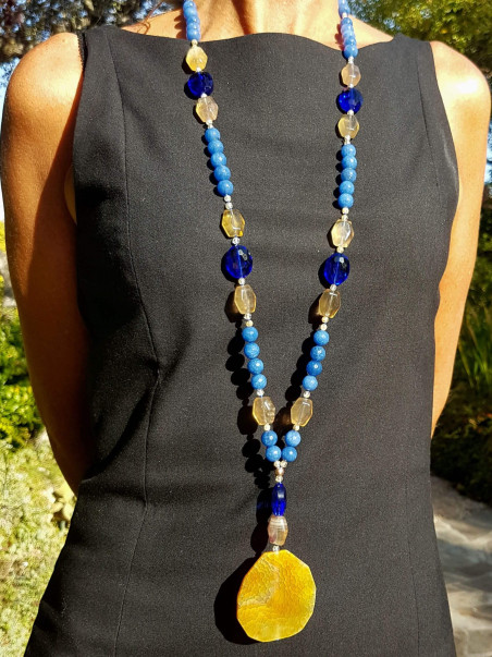 Long necklace of blue agates and amber agate pendant
