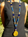 Long necklace of blue agates and amber agate pendant