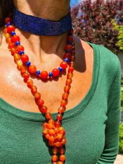 Choker with natural stones: orange agates and deep blue jade
