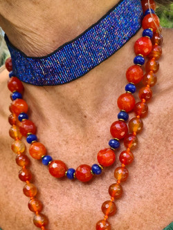 Choker with natural stones: orange agates and deep blue jade