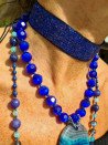 Choker, short necklace of blue crystal, cat's eye with agate pendant