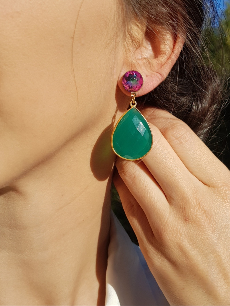 Pendientes de acero con cristal Swarovski y piedras naturales ágatas