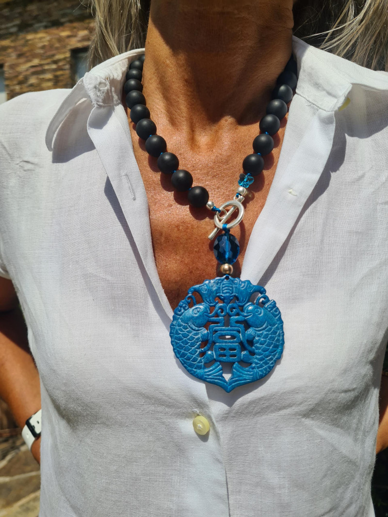 Black agate choker and turquoise jade medallion