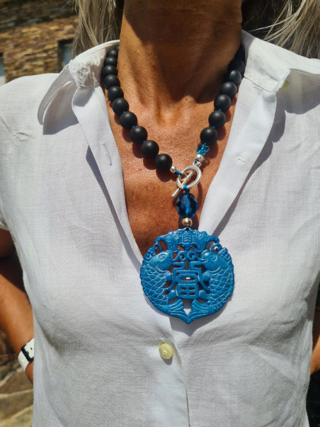 Black agate choker and turquoise jade medallion