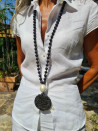 Long necklace with lava and mother-of-pearl jade medallion