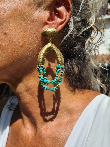 Large gold-plated earrings with turquoise and labradorite