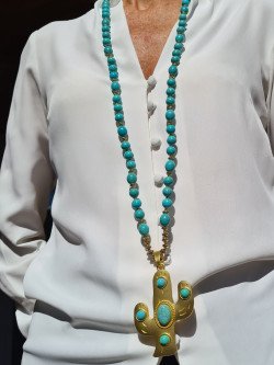 Long ethnic necklace with turquoise howlite and cactus pendant