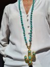 Long ethnic necklace with turquoise howlite and cactus pendant