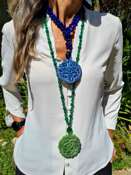 Long agate necklace with Czech crystal and jade medallion