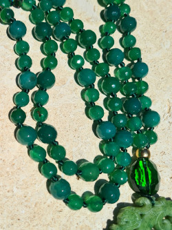 Long agate necklace with Czech crystal and jade medallion