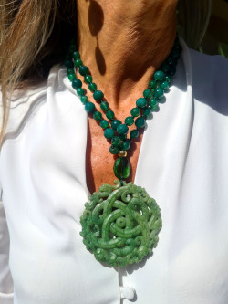 Long agate necklace with Czech crystal and jade medallion