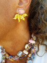 Gold earrings with cat's eye and gold leaves