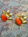 Gold earrings with cat's eye and gold leaves