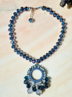 Blue Czech crystal choker with macrame pendant