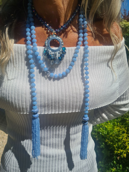 Blue Czech crystal choker with macrame pendant