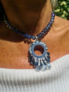Blue Czech crystal choker with macrame pendant