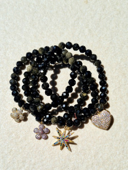 Elastic bracelet made of golden obsidian with a cubic zirconia pendant