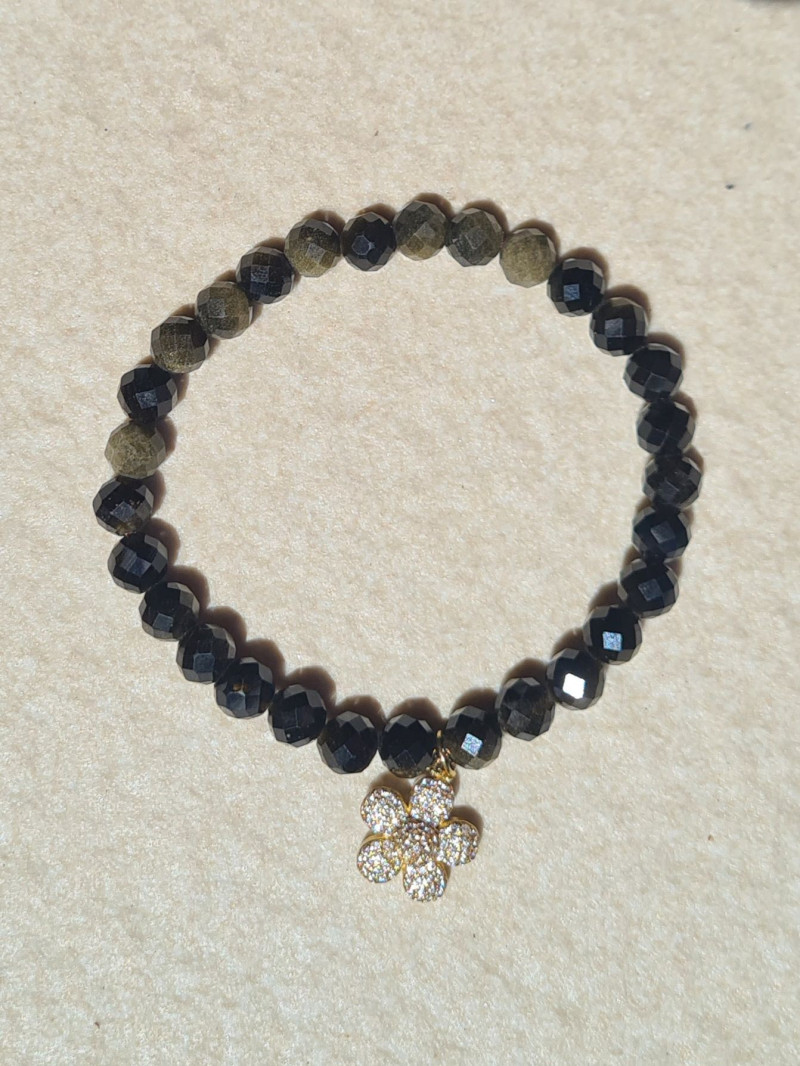 Pulsera elástica de obsidiana dorada con colgante de circonitas