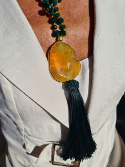 Long Czech crystal necklace with agate and silk pompom