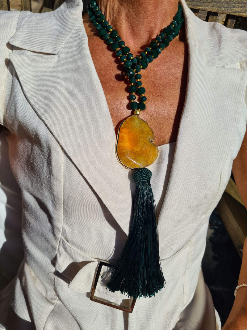 Long Czech crystal necklace with agate and silk pompom