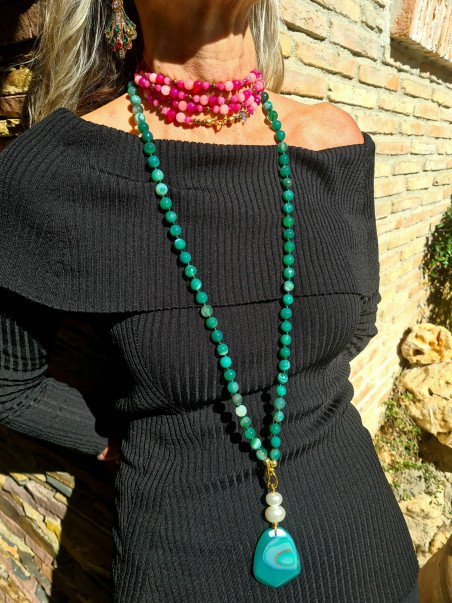 Long agate necklace with mother-of-pearl and exclusive agate pendant