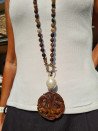 Long agate necklace with mother-of-pearl and jade medallion