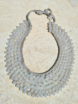 Crochet choker with Czech opal crystals on silver thread