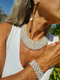 Crochet choker with Czech opal crystals on silver thread