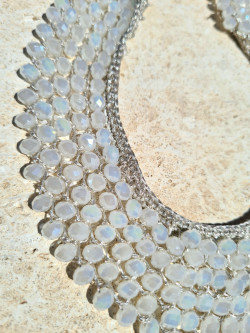 Crochet choker with Czech opal crystals on silver thread
