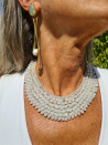 Crochet choker with Czech opal crystals on silver thread