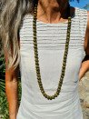 Long necklace of khaki-dyed bone with yellow spots