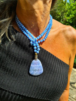 Long sky blue necklace with Czech crystals and celestine pendant