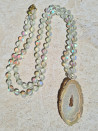 Long necklace with opal crystal and white grey agate pendant
