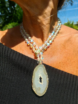 Long necklace with opal crystal and white grey agate pendant
