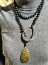 Long black agate necklace with hoop and bronze pieces