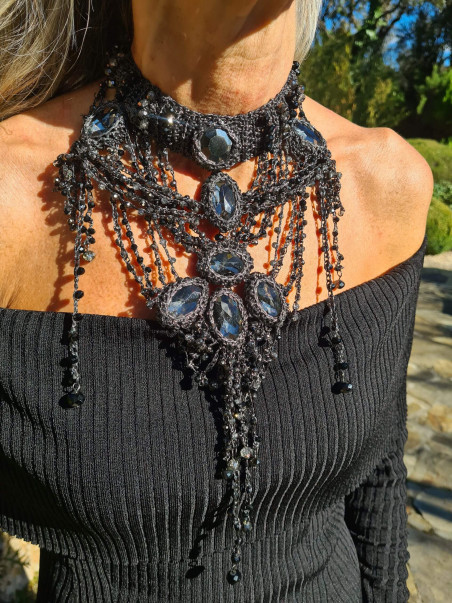 Crochet choker with cascading Czech crystals