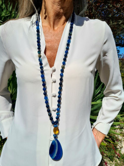 Collar largo azul piedras naturales colgante ágata