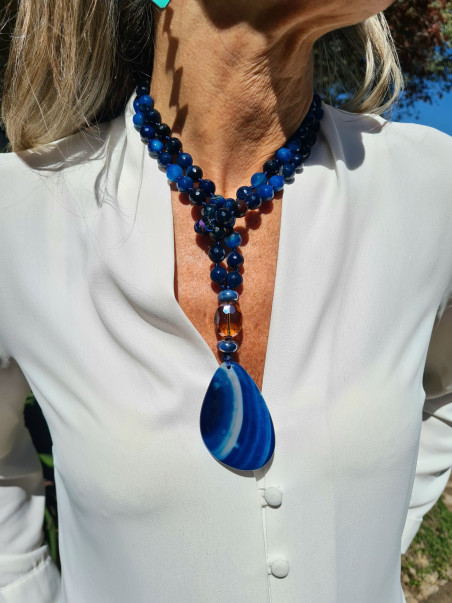 Collar largo azul piedras naturales colgante ágata