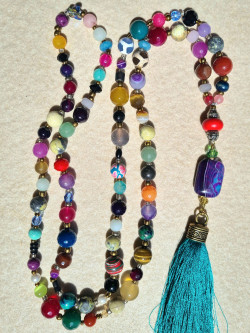 Long multicolored agate necklace with handmade green silk tassel