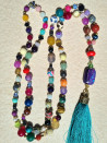Long multicolored agate necklace with handmade green silk tassel
