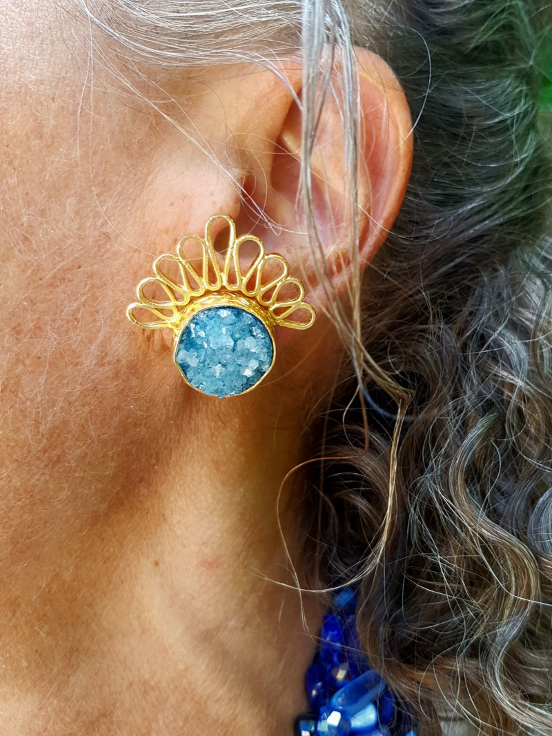 Short earrings made of natural stones with handcrafted filigree