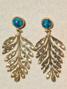Large gold-plated agate earrings with leaf and crystals