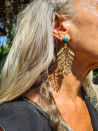 Large gold-plated agate earrings with leaf and crystals