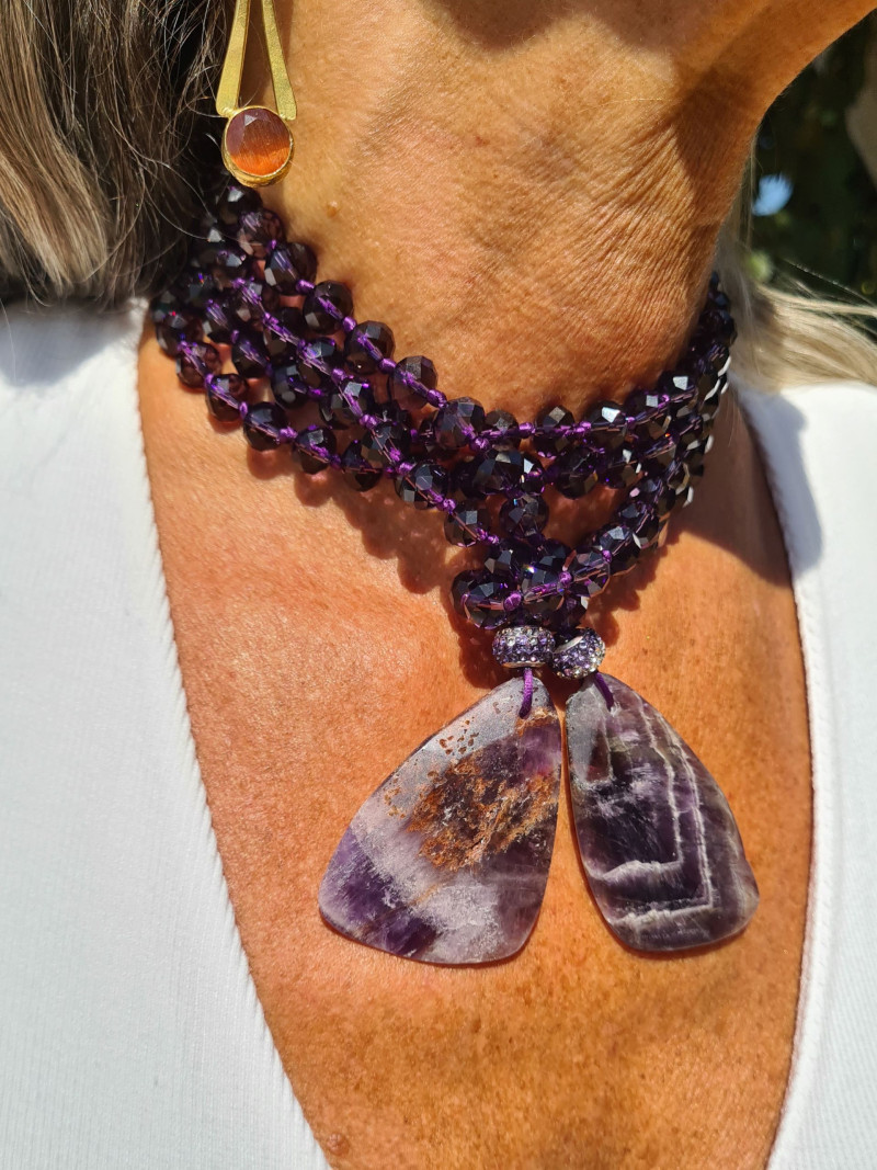 Purple crystal cord necklace with natural amethyst pendants