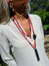 Long pink agate necklace with black Czech crystals and a tassel