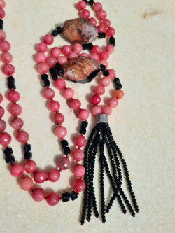 Long pink agate necklace with black Czech crystals and a tassel