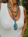 Long necklace of blue and gray agate with pendant