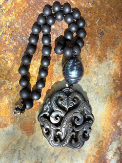 Black agate choker with jade and mother-of-pearl