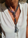 Long necklace of greenish-gray Czech crystals and opal with tassel